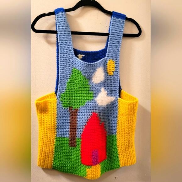 Vtg Hand Knit Tank Top Sky Day & Night Scene Front & Back Summer Hippie Smurfs - Picture 1 of 7